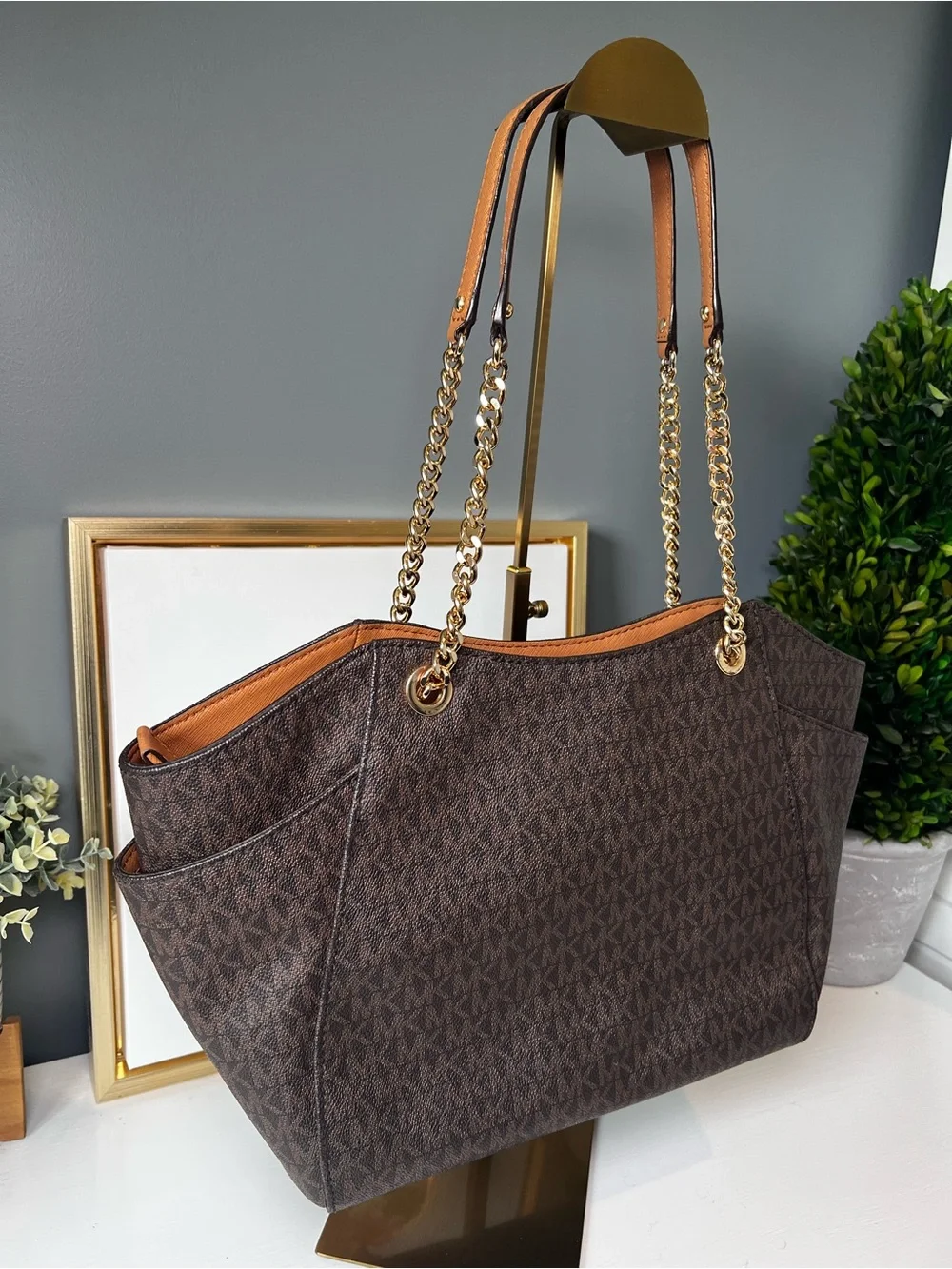 Michael Kors Jet Set Travel Brown Signature Logo Chain Shoulder Tote Bag